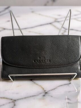Coach F54009 Black Soft Pebbled Leather Fold-Over Wallet with Embossed Logo